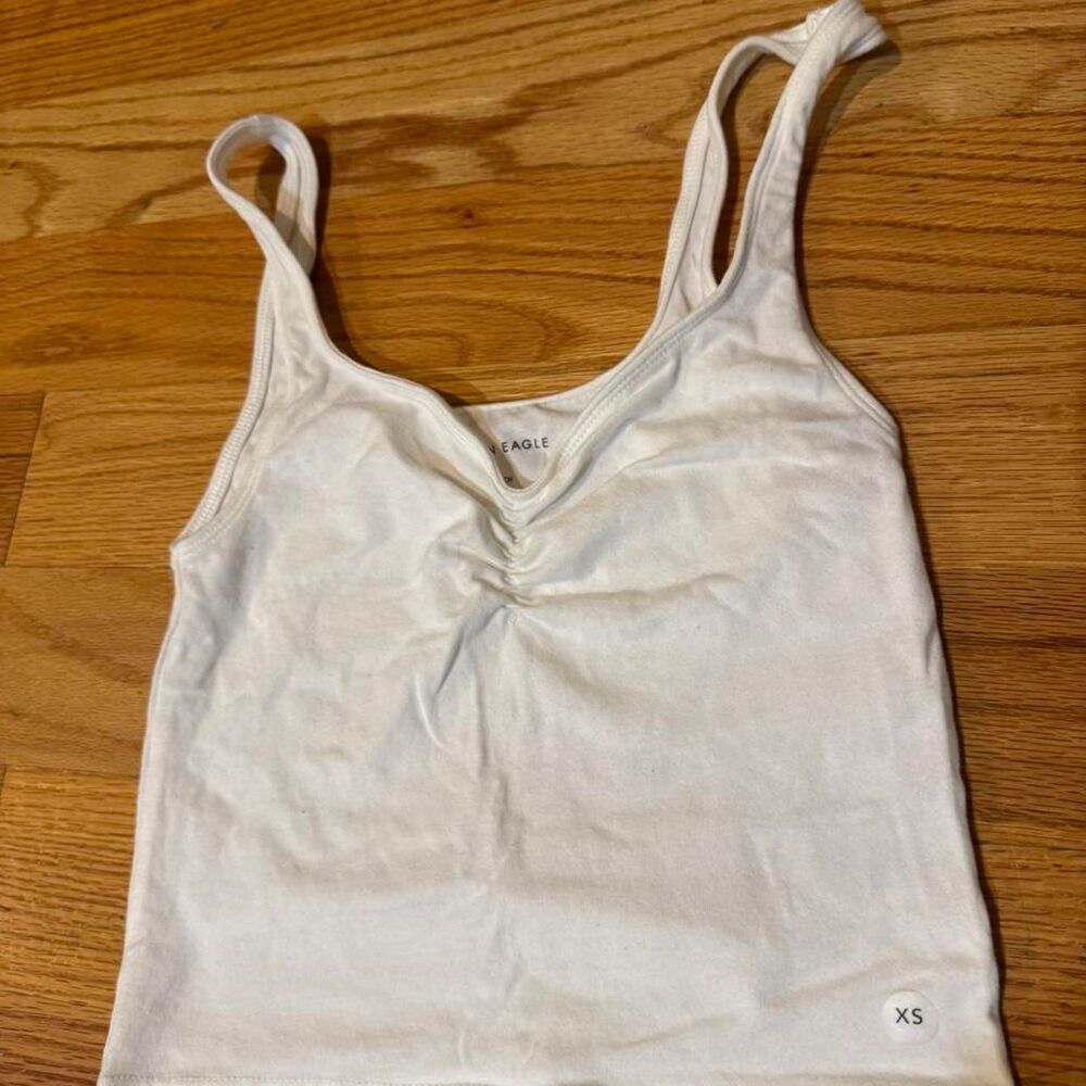 American Eagle White Ruched Crop Tank